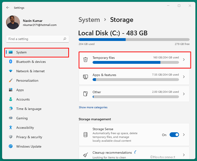 storage temporary files in settings on Windows 11