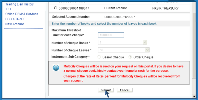 submit button SBI Online Banking Tips - Get Account Summary, Cheque Book