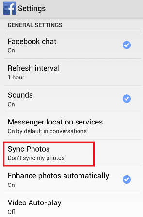 sync photos option in general settings on facebook