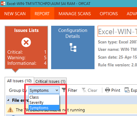 syptoms of the errors found on offcat