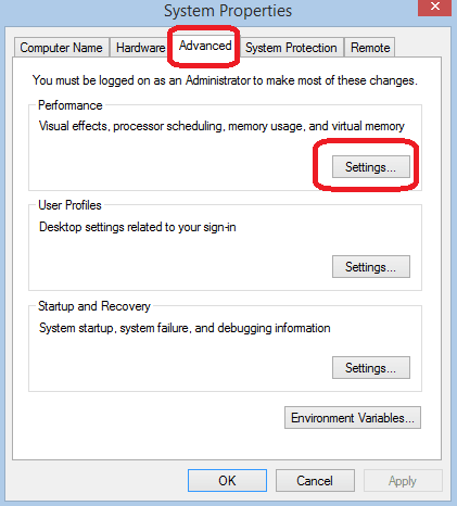 system properties advance settings