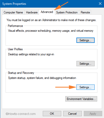 system properties option startup and recovery menu
