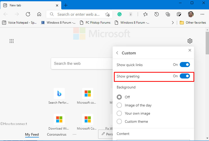 toggle for showing greeting on the browser