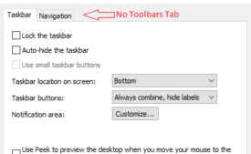oolbars tab removed from taskbar properties window