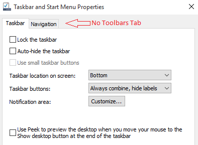 oolbars tab removed from taskbar properties window