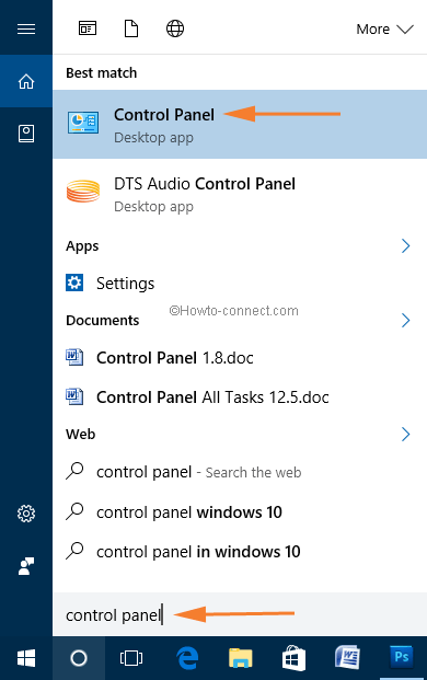 type control panel in base of cortana and result at the zenith
