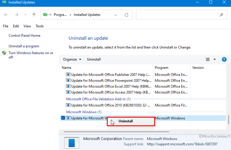 uninstall windows update