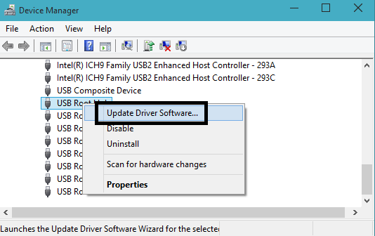 update driver software in right click context menu of usb root hub