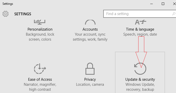 update & security category on windows 10 settings app