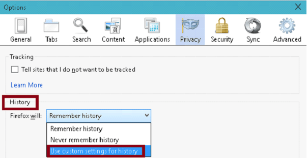 use custom settings for history in privacy tab