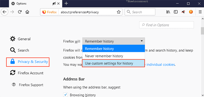 use custom settings for history in the drop down of privacy tab
