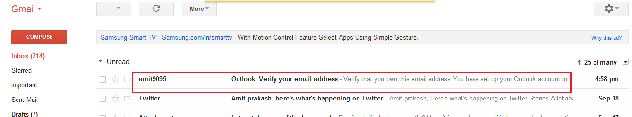 verify outlook email id in gmail