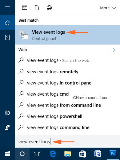 view event logs in cortana search box