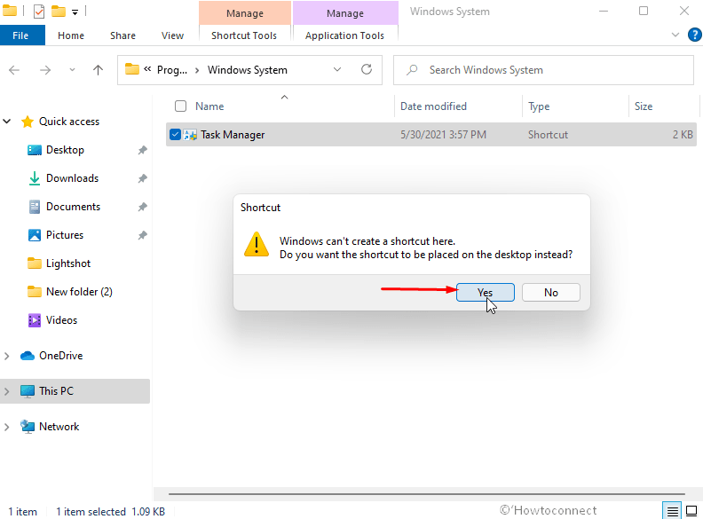 warning for creating shortcut to task manager