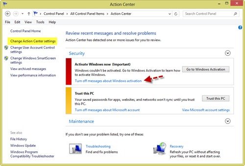windows 8 action center settings to Stop 'Activate Windows Now' Notification in Windows 8