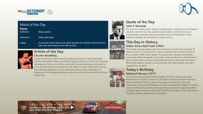 windows 8 Dictionary.com app main page