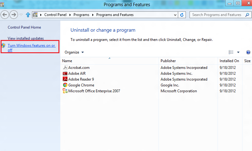 windows 8 programs and features