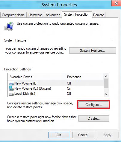 windows 8 system restore configure