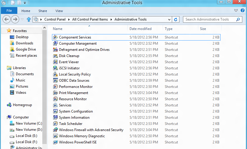 windows 8 administrative tools page
