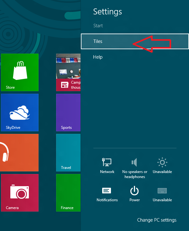 windows 8 start screen settings screen