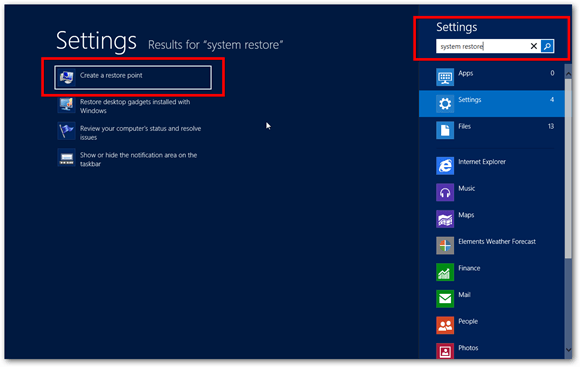 windows 8 system restore search