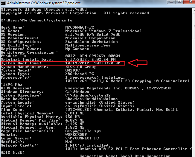 windows 8 system uptime details from dos command