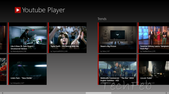 windows 8 youtube player app first screen image
