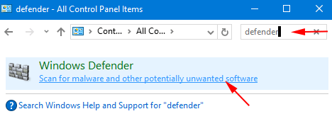windows defender control panel search result
