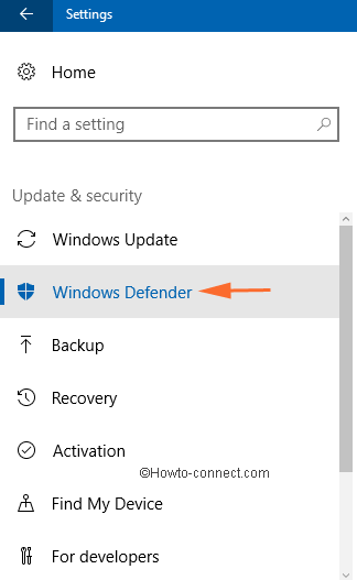 windows defender in the left sidebar of update and security window