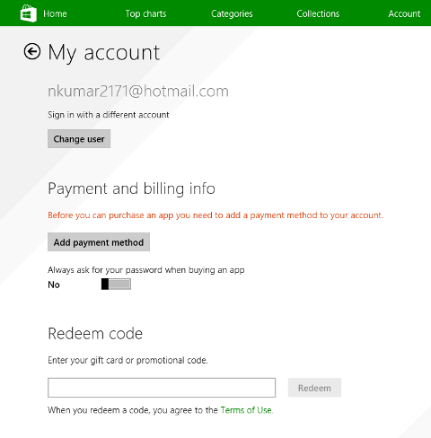 windows store my account