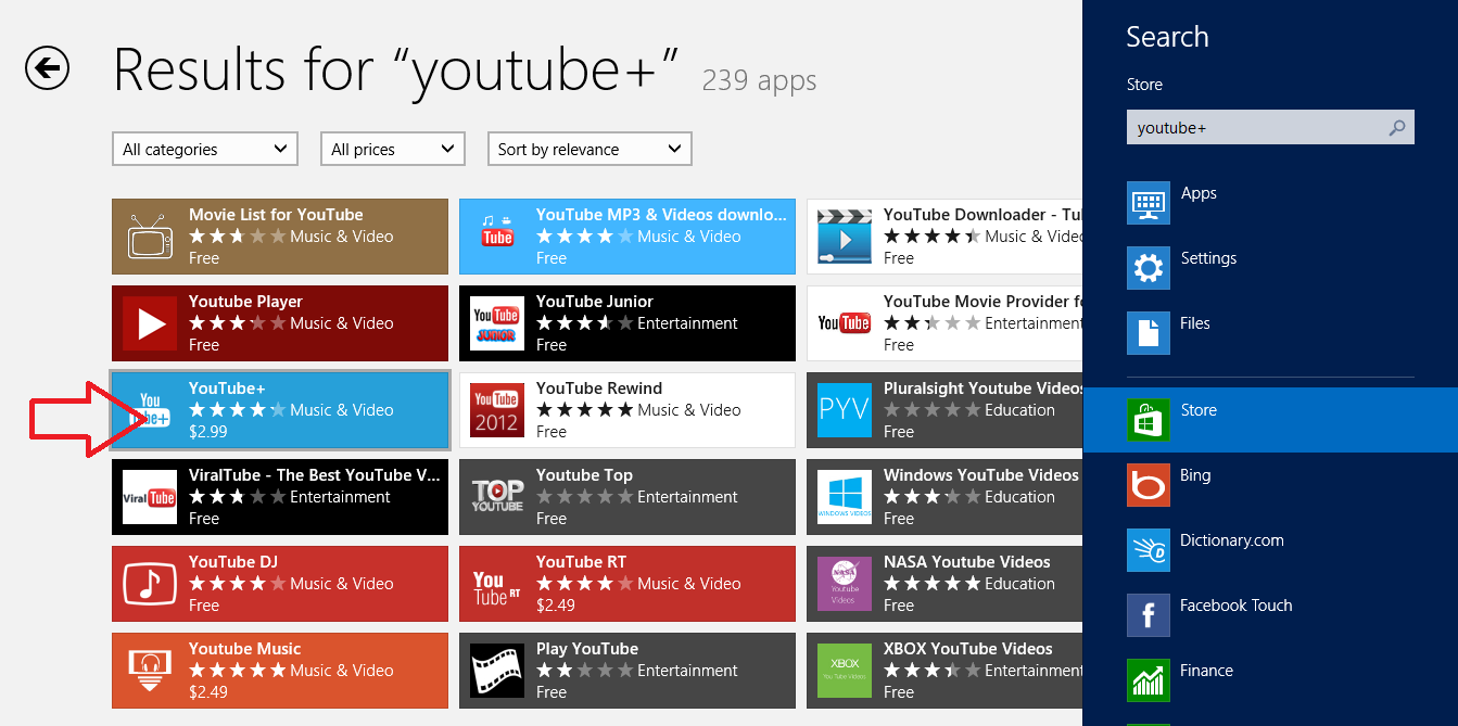 youtube+ app search on windows store